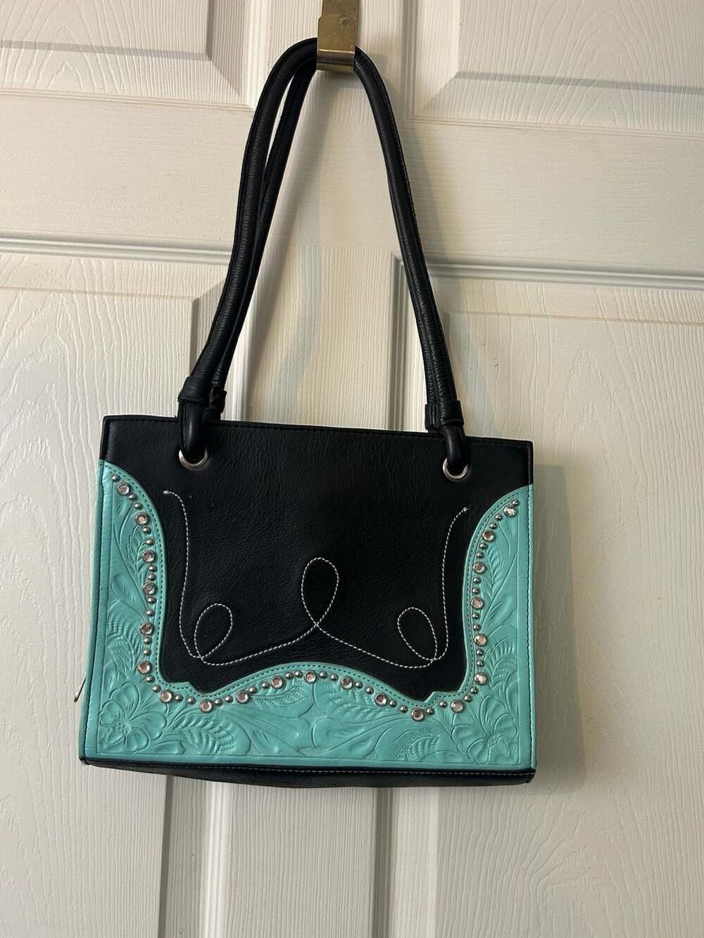 American West Western Tooled Leather Shoulder Bag with Turquoise Floral Inlay an